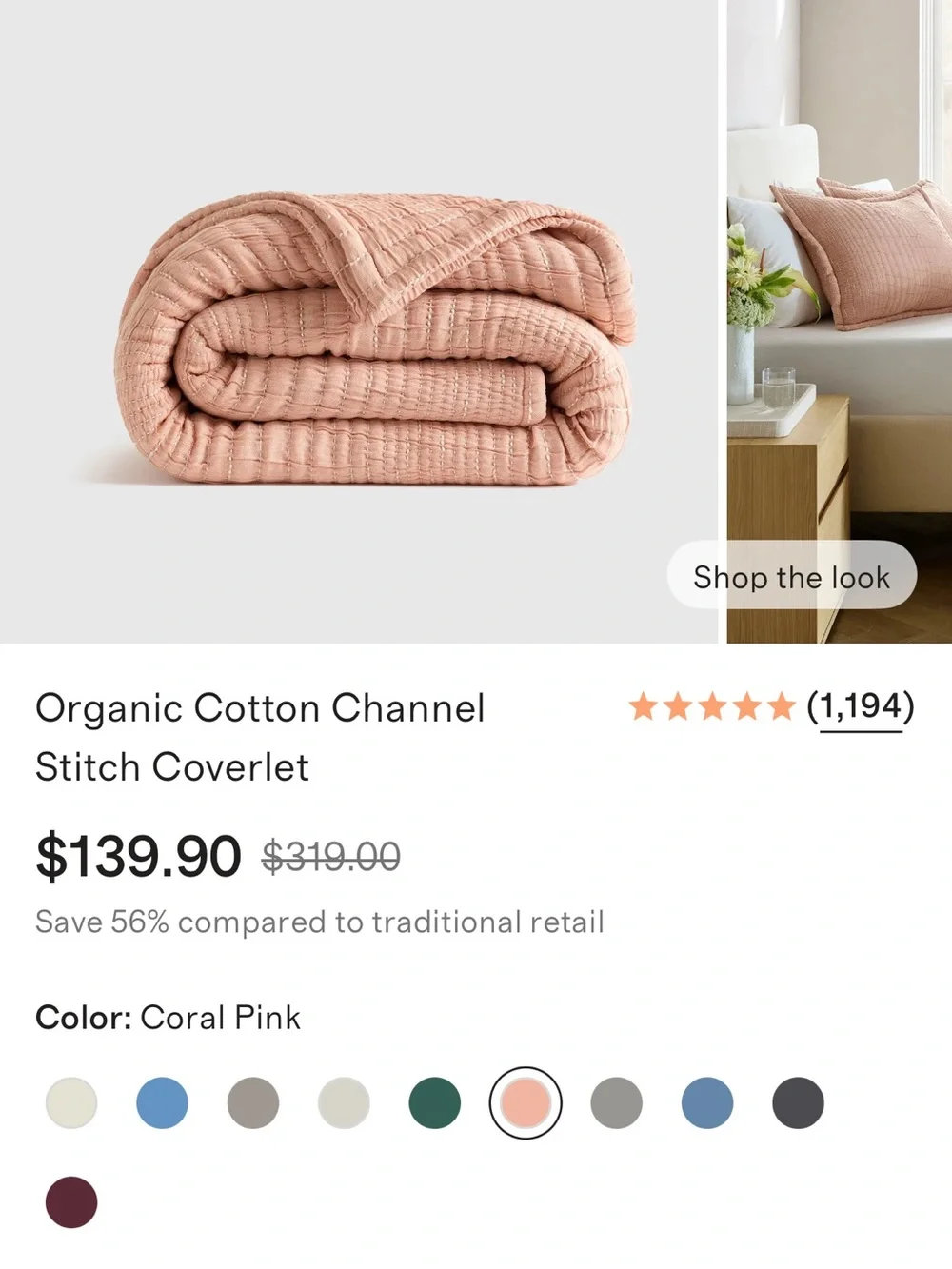NWOT Organic Cotton Coral Pink Channel Stitched Coverlet (ONLY) - Retail $140